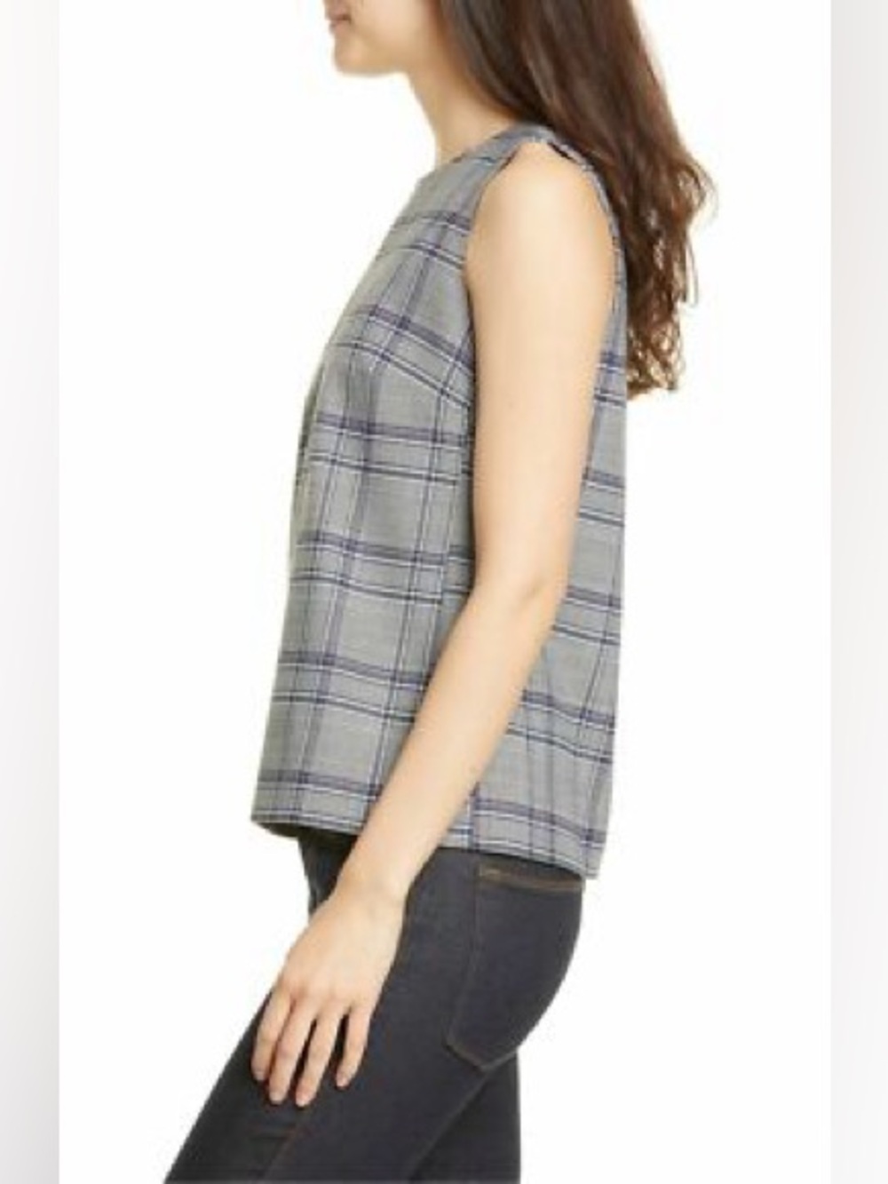 Lewit Plaid Sleeveless Dress Top in Gray, Navy and Purple